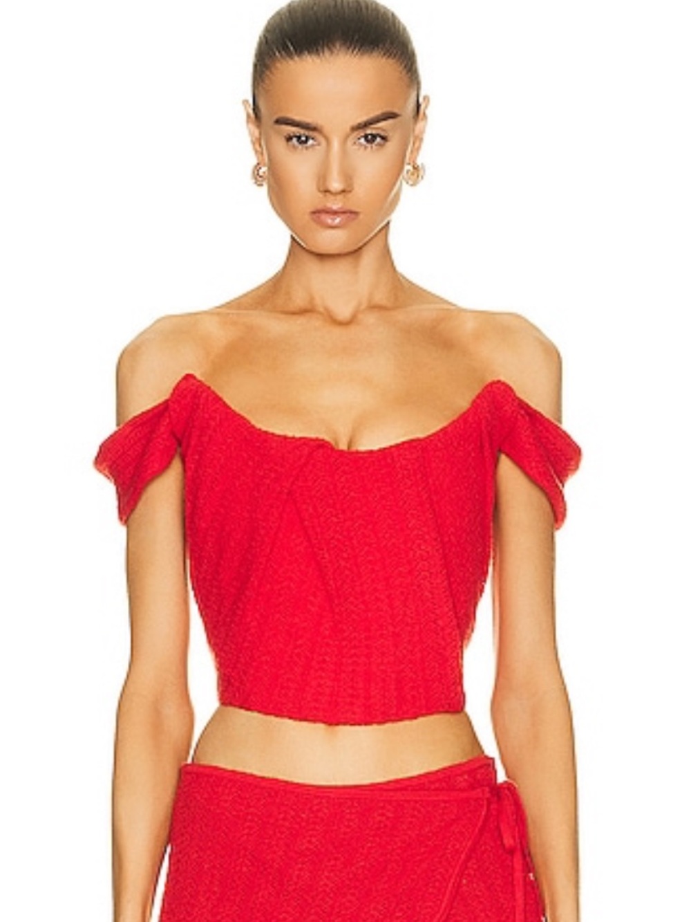 Miaou Vibrant Red Cleo Off-Shoulder Wool Knit Crop Top & Wrap Mini Skirt | M